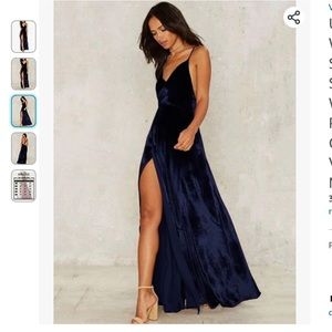//ONE BROKEN STRAP// Spaghetti strap cross back blue velvet maxi dress